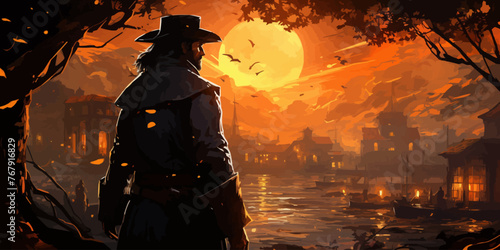 the pirate with a sword standing on ruins of boat and looking at golden treasures at sunset, digital art style, illustration painting