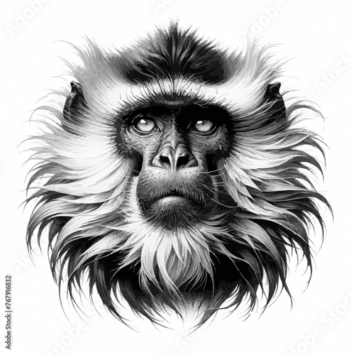 ritratto di scimmia in bianco e nero con sguardo intenso e pelliccia fluttuante. Generative AI photo