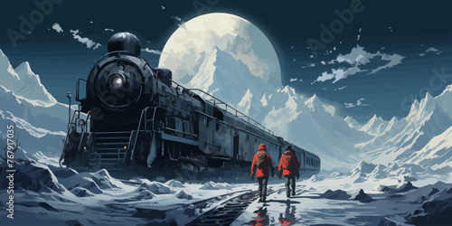 A train is on a track in the snow with two people walking on the tracks