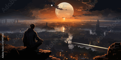 A man is sitting on a ledge overlooking a city with a large moon in the sky photo