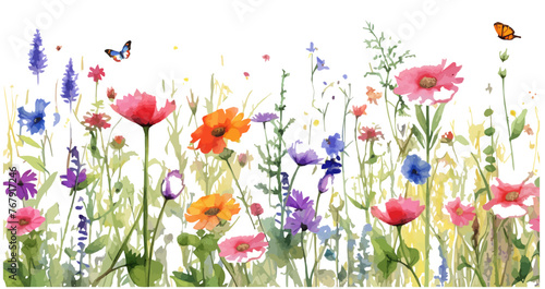 A colorful field of flowers with butterflies and a butterfly on the right