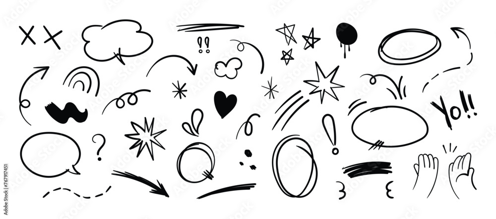 Set of cute pen line doodle element vector. Hand drawn doodle style collection of heart, arrows, scribble, speech bubble, chat, star, marks. Design for print, cartoon, card, decoration, sticker.