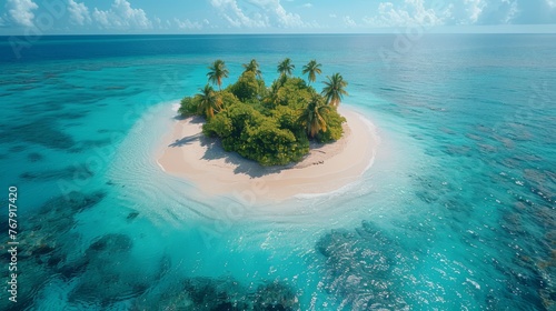Aerial drone view of a small tropical island, summer vacation paradise