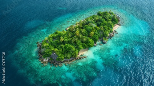 Aerial drone view of a small tropical island, summer vacation paradise