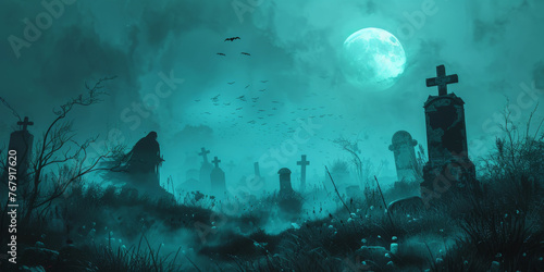 A spooky graveyard at night with tombstones, fog, and ominous moonlight in shades of blue green background, Spooky Cemetery With Moon halloween,scarry night horror, banner 