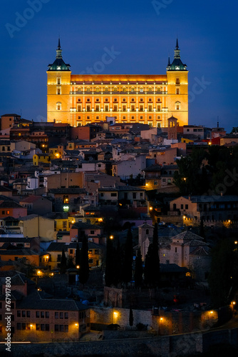 Aerial view of the Military Museum in Toledo, Spain illuminated at night