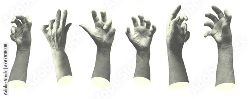 Set statue old women hands halftone style for collage design. Halloween zombie hand. Decoration banner for 31 Oktober events. Isolated on White background. Contemporary modern art. Vector illustration