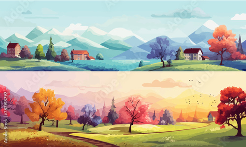Set of four seasons backgrounds, banners. Winter, spring, summer, autumn nature landscapes. Colorful backdrops, covers with trees, mountains, village houses.