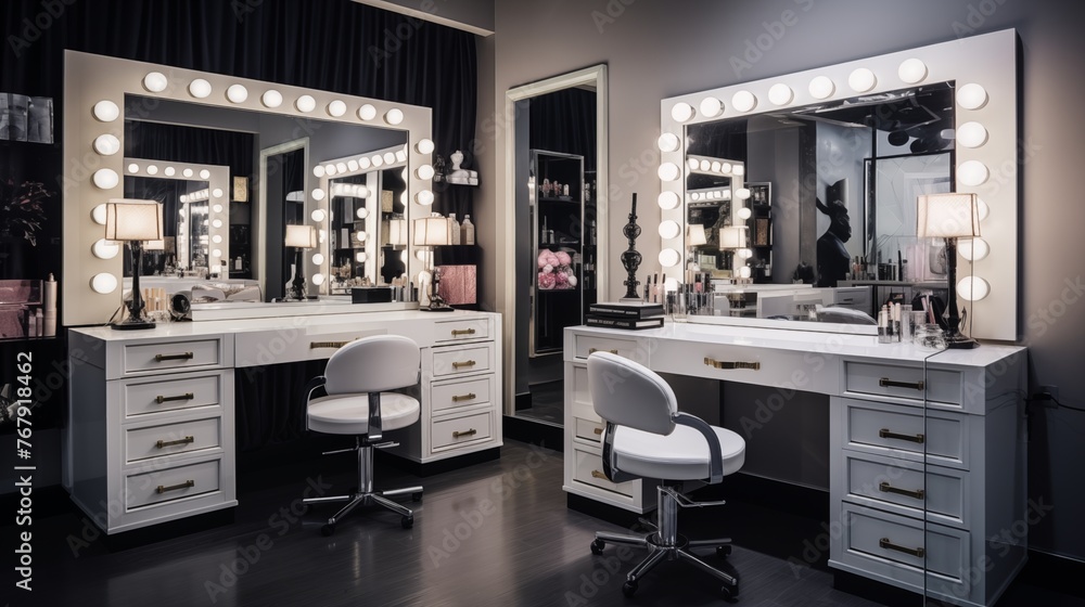 Glamorous makeup studio with vanity stations, seamless cabinetry, and hollywood lighting