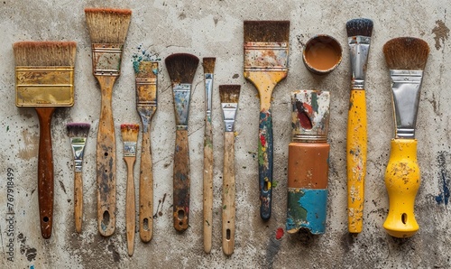 paint brushes on an artists workshop table, organized tools for making, creating art, mural, oil, acrylic, creative options, shot from above, grungy, painterly, abstract