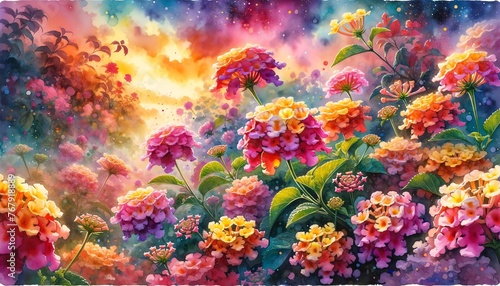 Vibrant Watercolor Painting of Lantana Flowers