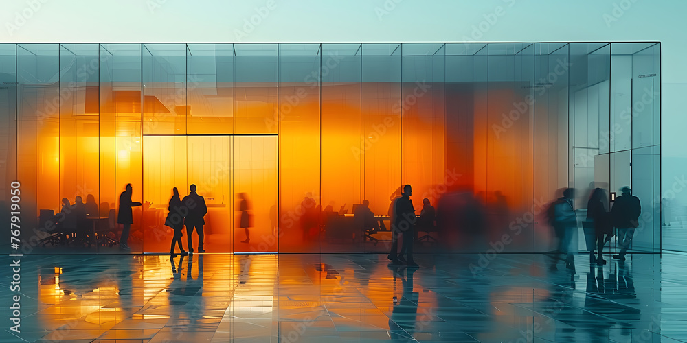 Abstract office lobby with orange tint and blurred figures. Modern business environment background. Corporate and design concept with copy space