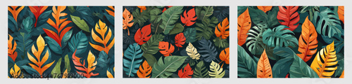 A collection of vector illustrations of realistic tropical forest leaf backgrounds, with spring and summer colors suitable for handicrafts and wall hangings