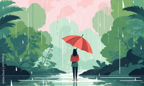 A woman is standing in the rain with an umbrella