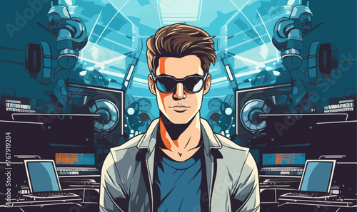 Computer technician nerd geek with sunglasses in front of a screen vector