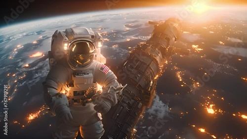 Space explorer: an astronaut near Earth orbit space station, animated scene. photo