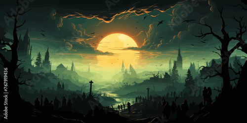 Panorama of the zombie apocalypse on the background of the cemetery. Silhouettes of scary zombies walking through the cemetery. vector