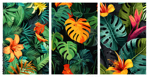 A collection of vector illustrations of realistic tropical forest leaf backgrounds, with spring and summer colors suitable for handicrafts and wall hangings