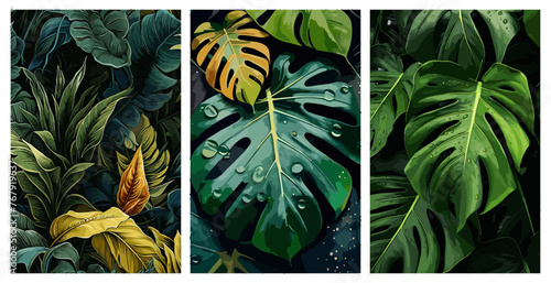A collection of vector illustrations of realistic tropical forest leaf backgrounds, with spring and summer colors suitable for handicrafts and wall hangings