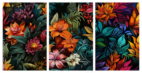 A collection of vector illustrations of realistic tropical forest leaf backgrounds, with spring and summer colors suitable for handicrafts and wall hangings