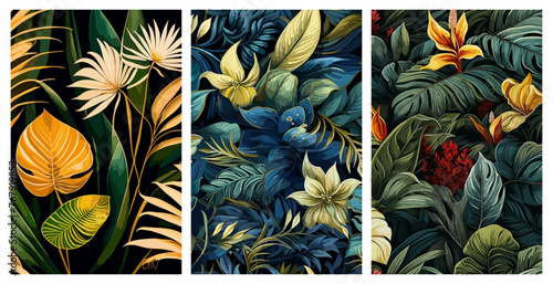 A collection of vector illustrations of realistic tropical forest leaf backgrounds, with spring and summer colors suitable for handicrafts and wall hangings