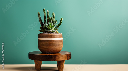 photo wooden plant stand with a cactus on the side