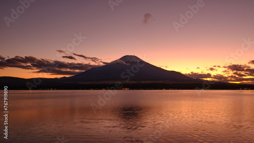 Mount Fuji and Yamanaka lake at sunset in Autumn.