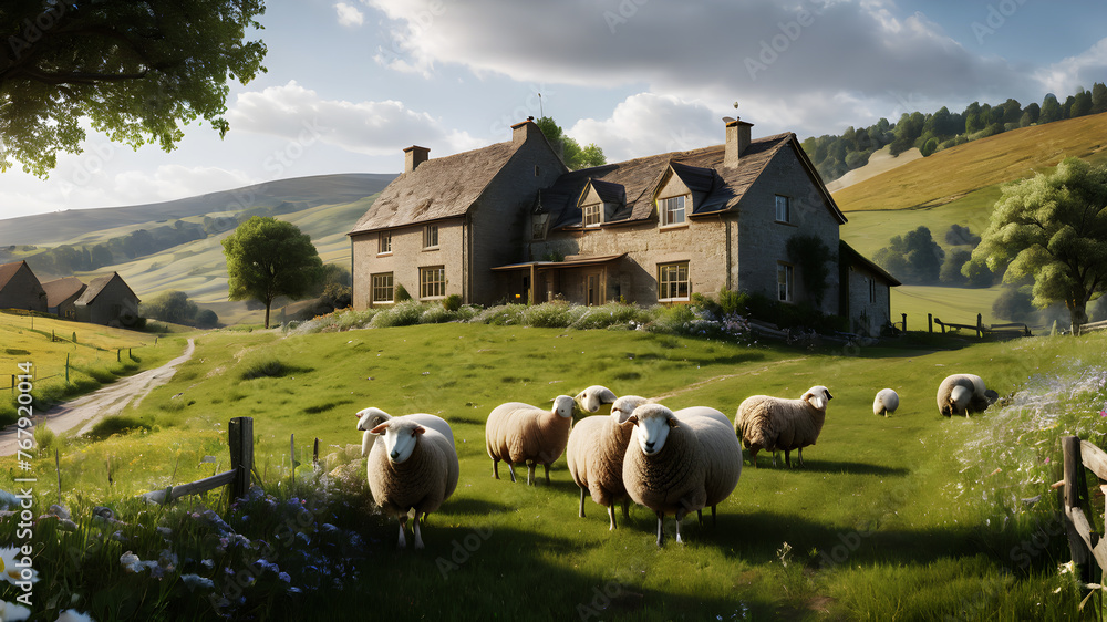A peaceful countryside scene, with rolling green hills dotted with grazing sheep and a rustic stone farmhouse nestled among fields of wildflowers - obrazy, fototapety, plakaty 