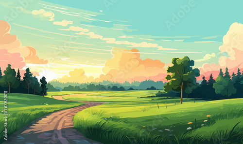 A beautiful landscape with a road leading to a tree