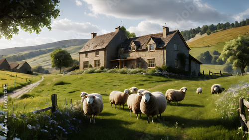 A peaceful countryside scene, with rolling green hills dotted with grazing sheep and a rustic stone farmhouse nestled among fields of wildflowers photo
