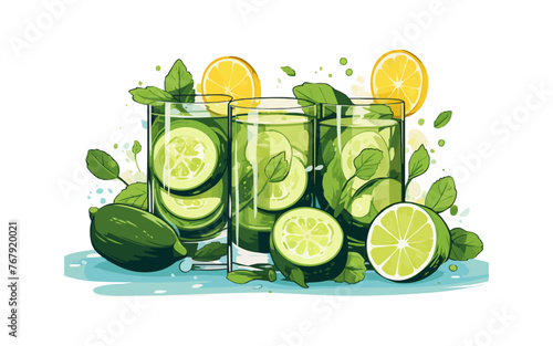 Three glasses of cucumber and lime juice with a few slices of cucumber