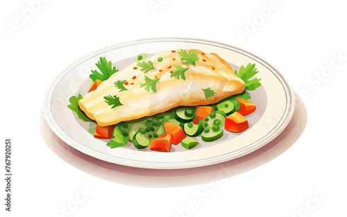 Fish fillet with vegetables on a white plate isolated vector style illustration