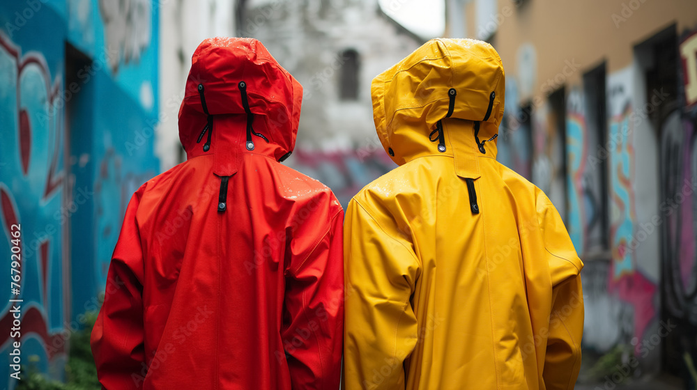 Naklejka premium Two people stands, clad in vivid red and yellow raincoats, against a backdrop of urban street art.