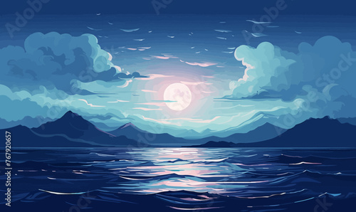 full moon ocean vector flat minimalistic isolated illustration