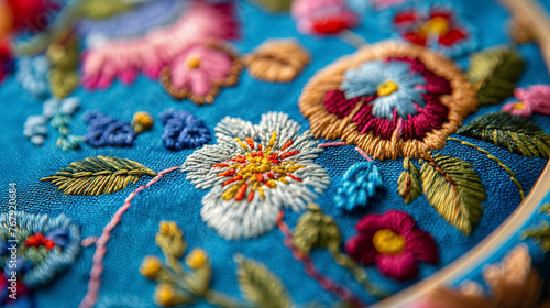 Vivid floral embroidery with rich colors and textures on a blue textile, showcasing traditional needlework skills.