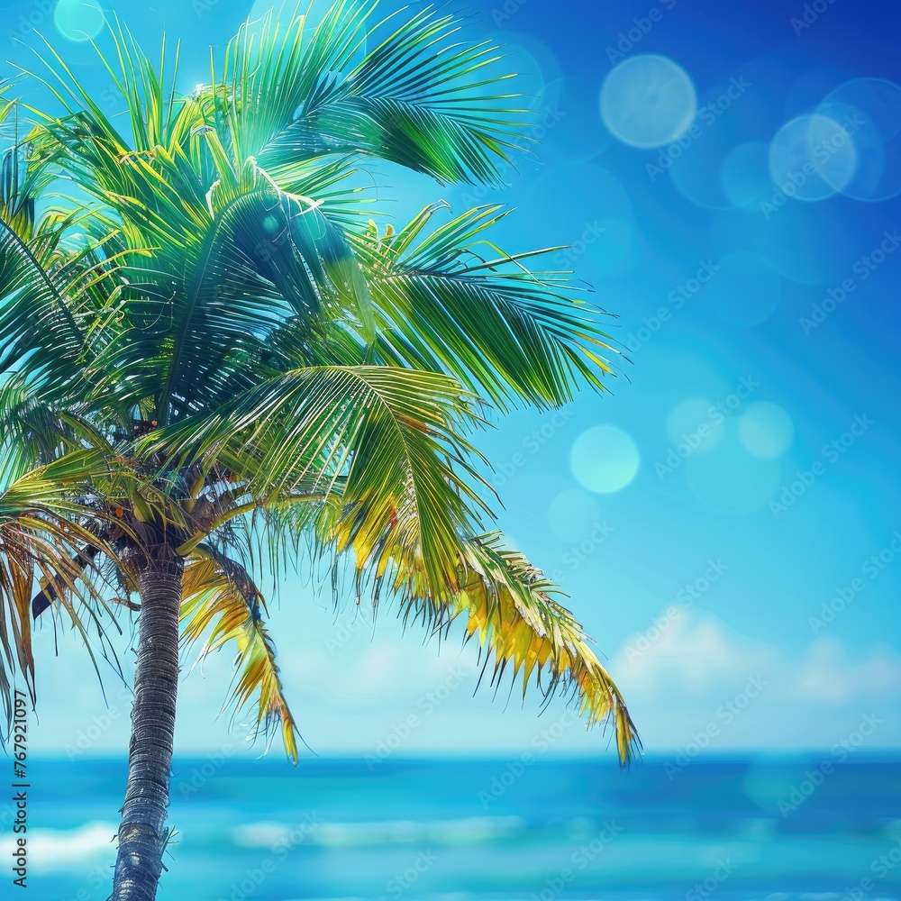 Tropical Resort Design - Summer Beach Background - Sunny Palm Tree with Bokeh and Blue Sea for Holiday Relaxation 