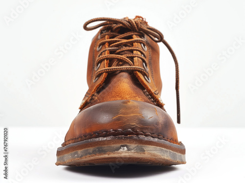 Front view of a worn brown leather boot.
Close-up image of an isolated worn-out brown leather boot with frayed laces and visible scuffs, depicting usage and durability photo