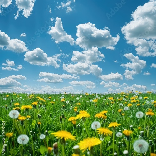 Lush Spring Meadow - Summer Flower Background - Green Grass Field with Dandelions and White Clouds for Natural Beauty 