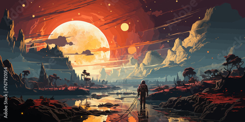 astronaut explores planetary space and looking at strange building floating in the sky, digital art style, illustration painting