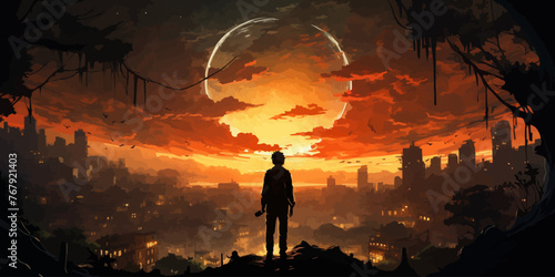 young man standing in the overgrown city at sunset, digital art style, illustration painting