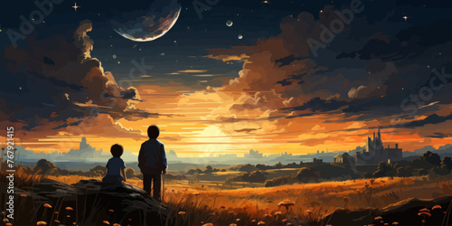 brother and sister in a meadow looking at meteors in the sky, digital art style, illustration painting