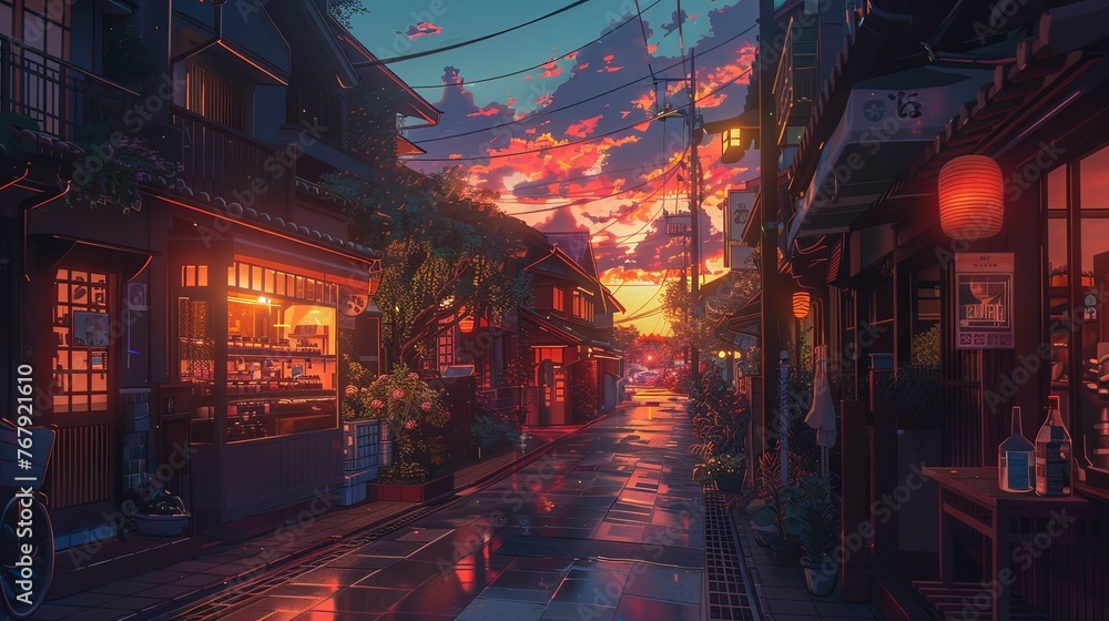 A tranquil Japanese street bathed in the warm glow of a vibrant sunset, featuring traditional architecture and local shops. Sunset Glow Over Japanese Street Scene

