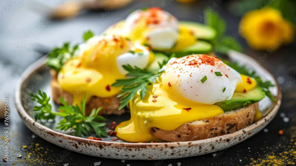 Poached egg on avocado toast, garnished with herbs, perfect for brunch. Poached egg on avocado toast, garnished with herbs, perfect for brunch.