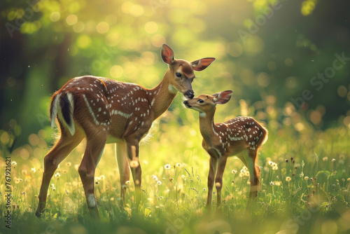 A cute white-tailed fawn stands next to its mother in the green grass, close-up of their legs and chest