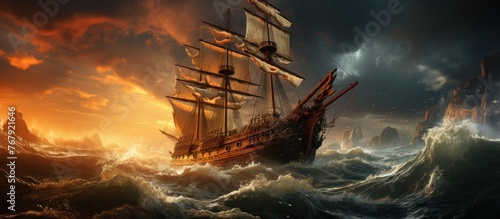 Pirate ship in the sea with stormy waves.