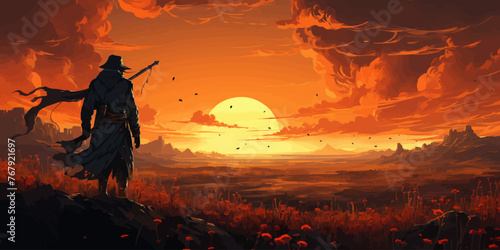 A man stands on a hill overlooking a vast, orange landscape