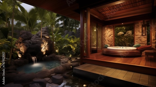 Indoor outdoor Balinese spa cabana with natural stone soaking tubs and tranquil landscaping