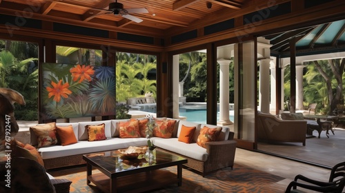 Indoor/outdoor tropical living area with walls of La Cantina accordion glass doors that open completely to unite the living room with the covered lanai and pool deck