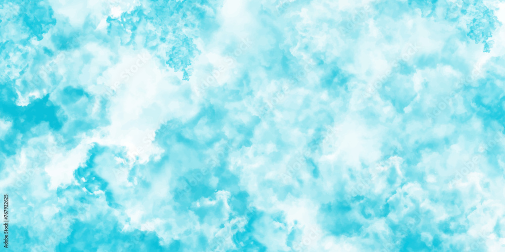 Panorama of blue sky with white clouds. Sky clouds landscape light background. White cumulus clouds formation in blue sky. Brush-painted blurred and grainy paint aquarelle.
