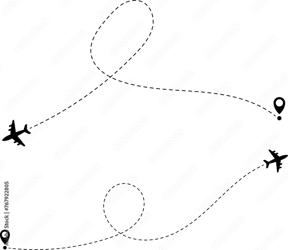 Airplane line path icon of air plane flight route with start point and dash line trace. Vector illustration Airplane line path icon of air plane flight route with start point and dash line trace. Vector illustration